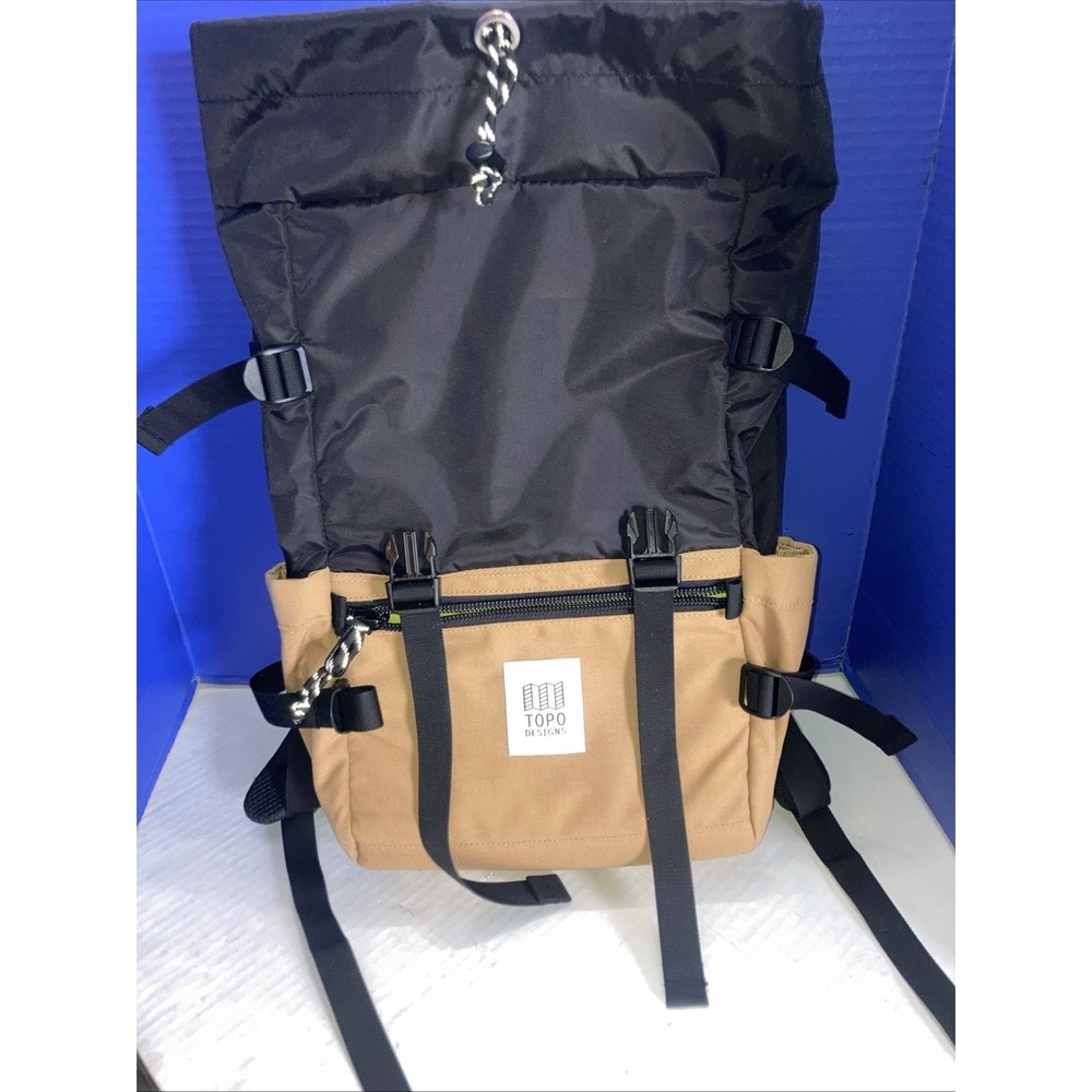 Topo Designs Hiking Backpack Black Brown Canvas Padded Straps External Pockets